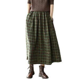 Vintage Plaid Wool Skirt Elastic Waist Midi A-Line with Pockets